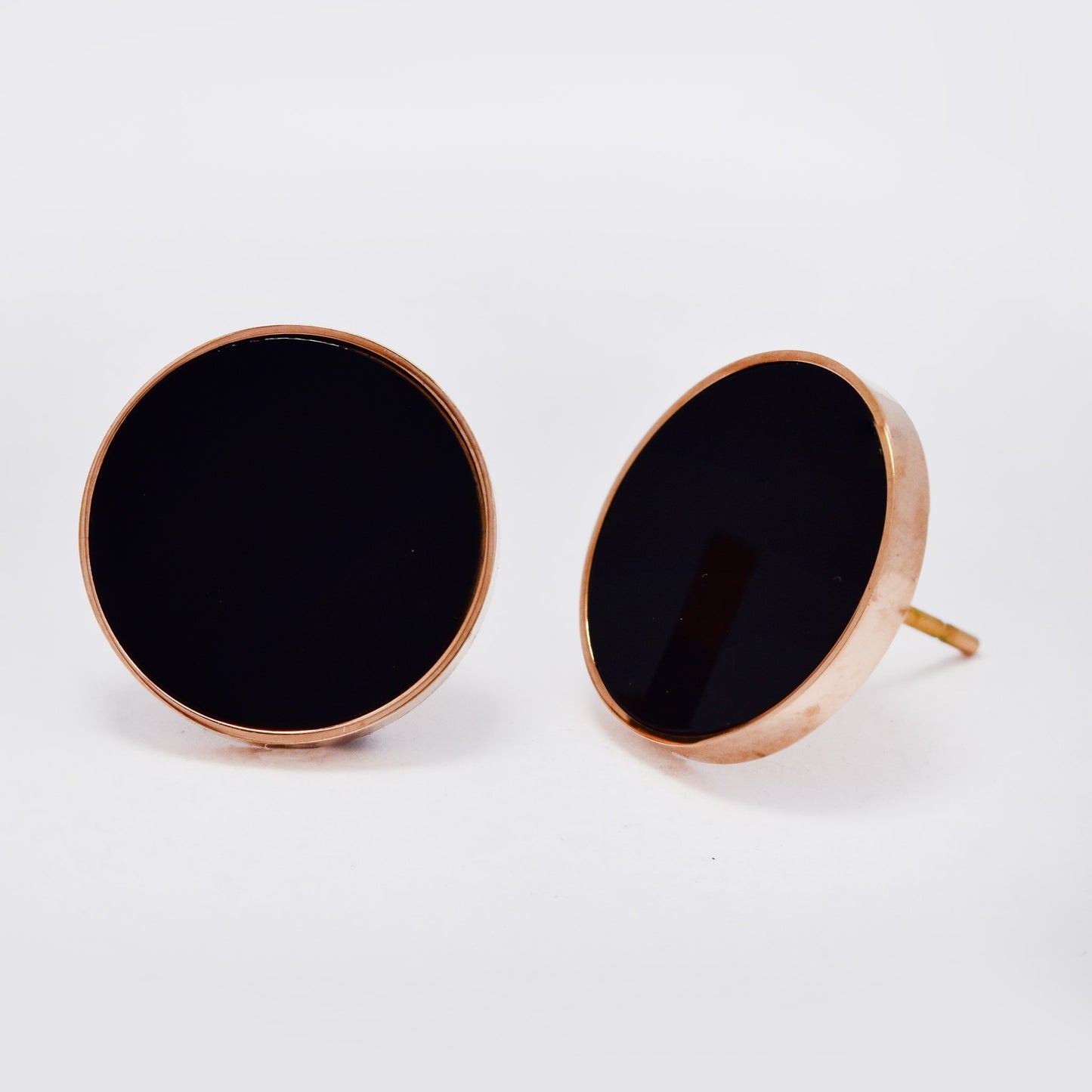 Stainless steel rose gold black 14mm round stud - SSVE9294