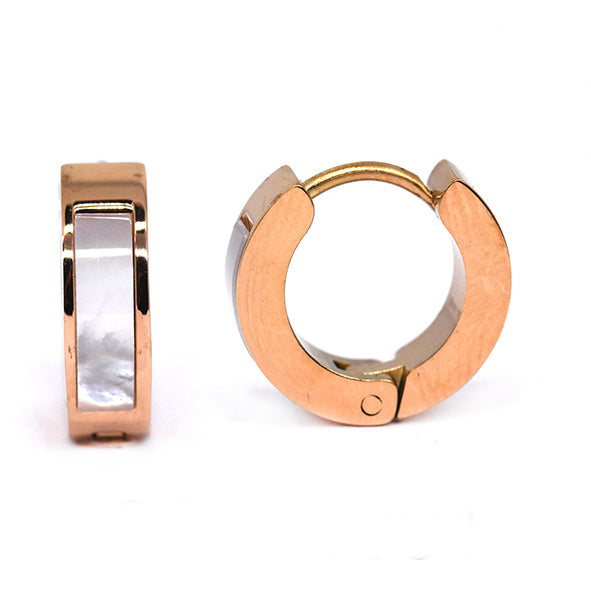 Stainless steel rose gold mother of pearl insert huggie - SSVE9304