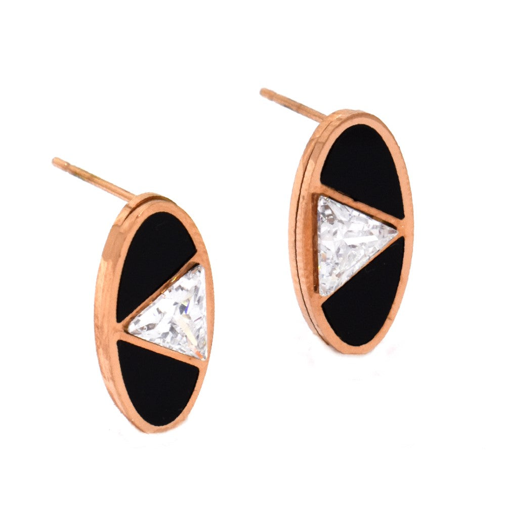Stainless steel rose gold black oval enamel and cubic zirconia stud - SSVE9541
