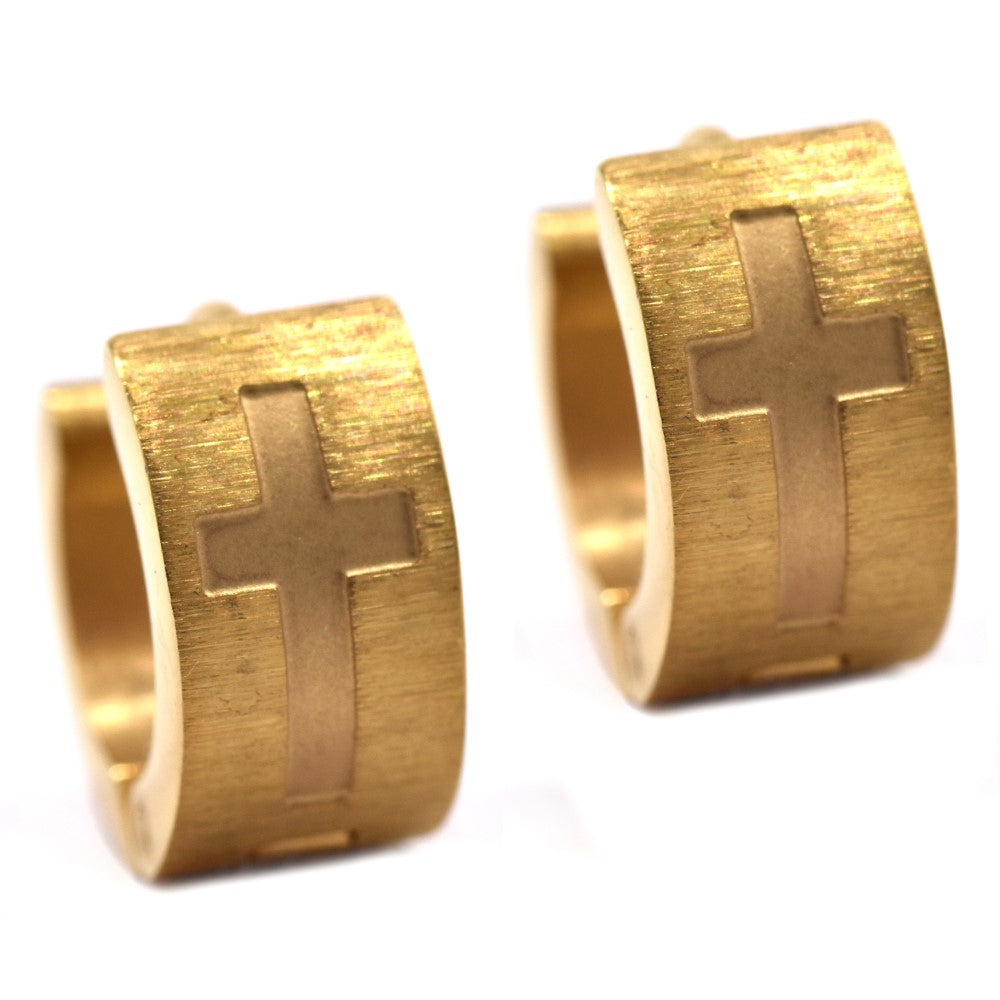 Stainless steel gold cross engraved huggie - SSVE9859B