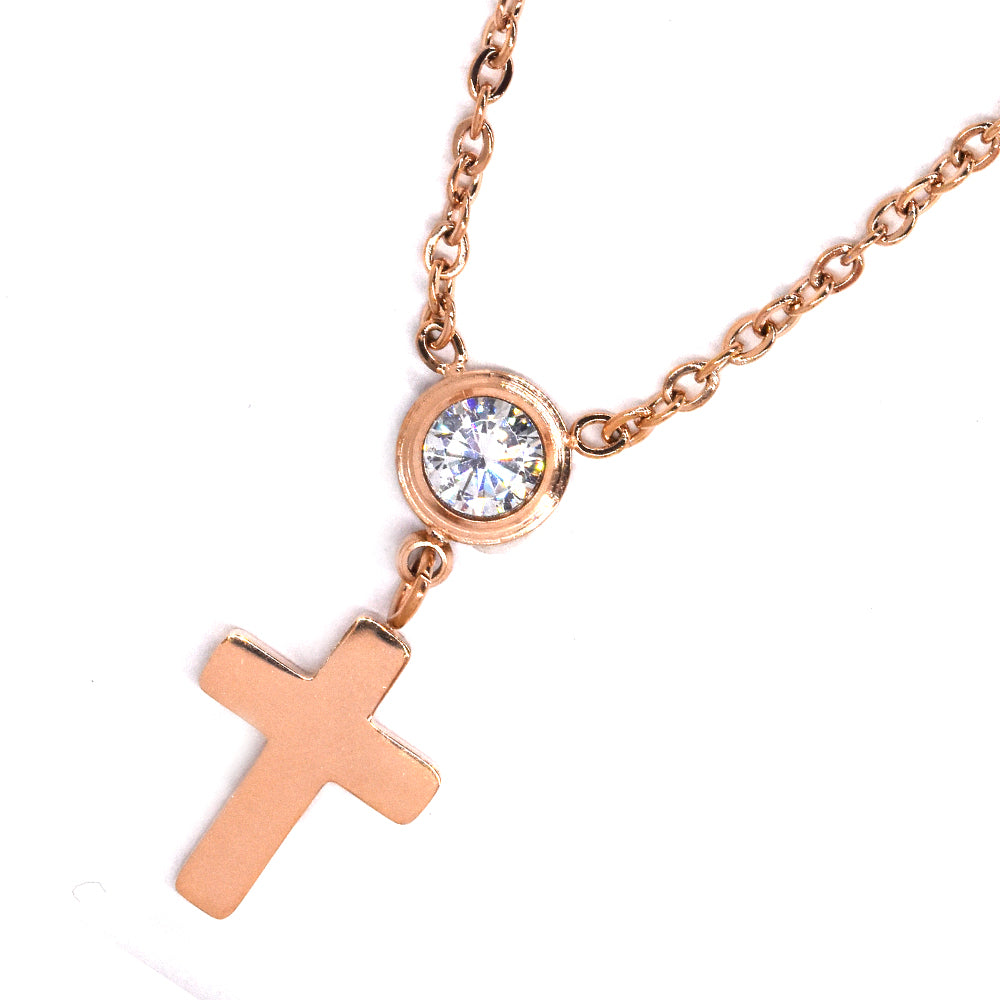 Stainless steel Cubic Zirconia cross rose gold plated necklace - SSVN9666