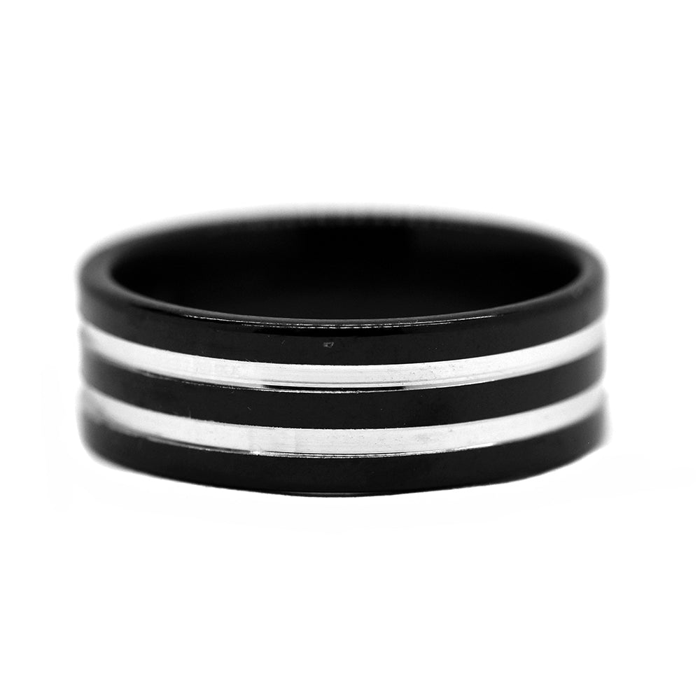 Stainless steel black plated 2 stripe band ring - SSVR9810