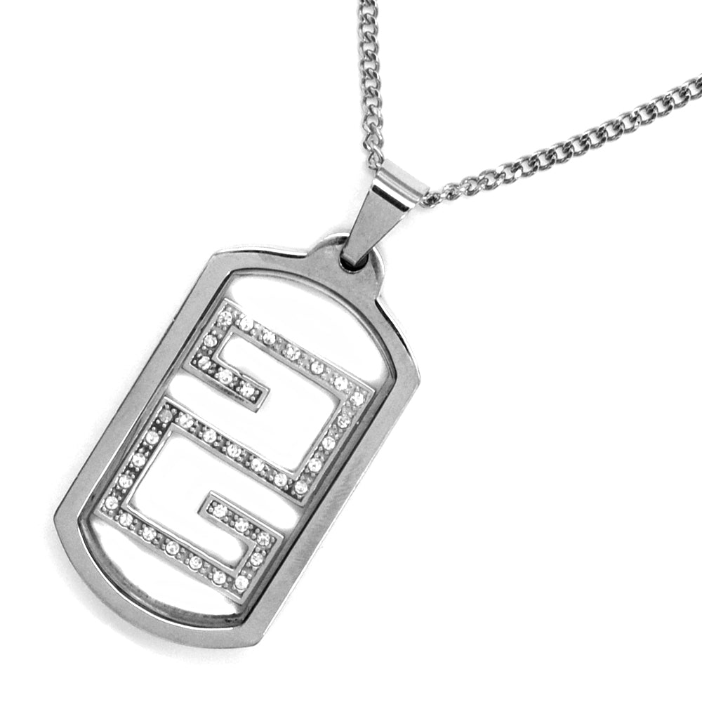 Stainless steel disk cubic zirconia pattern pendant on chain - SSXP038