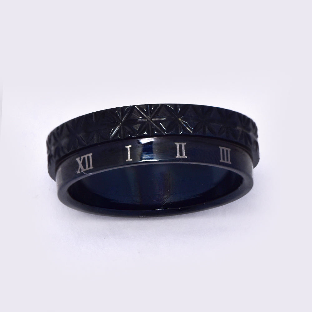 Stainless steel black roman numeral + pattern ring - SSXR101