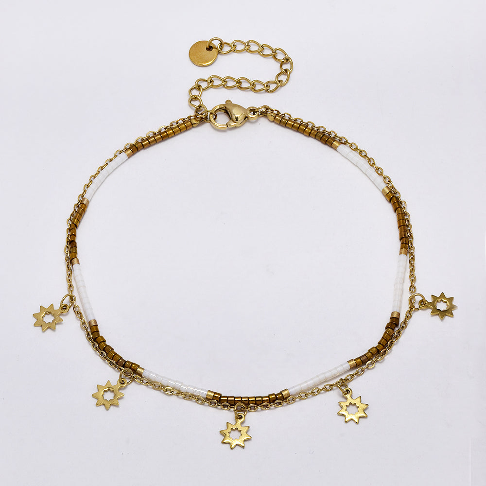 Stainless steel colour beaded and sun charm anklet - SSYA5176