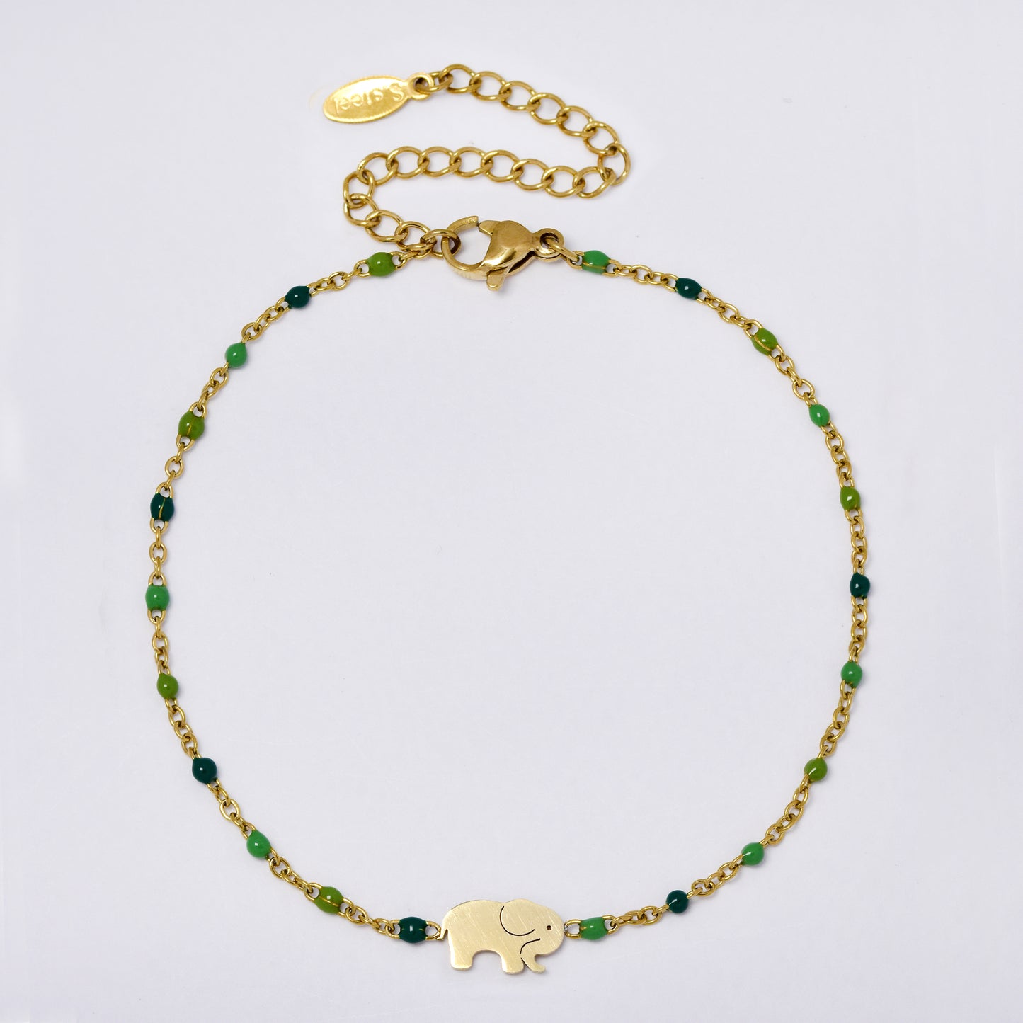 Stainless steel 19+5cm elephant charm enamel bead anklet - SSYA5330