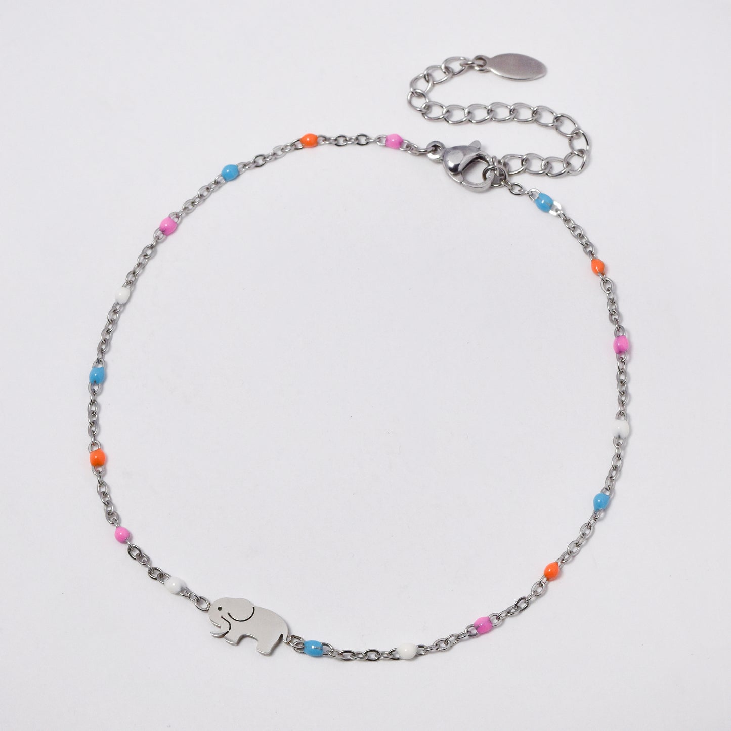 Stainless steel 19+5cm elephant charm enamel bead anklet - SSYA5330