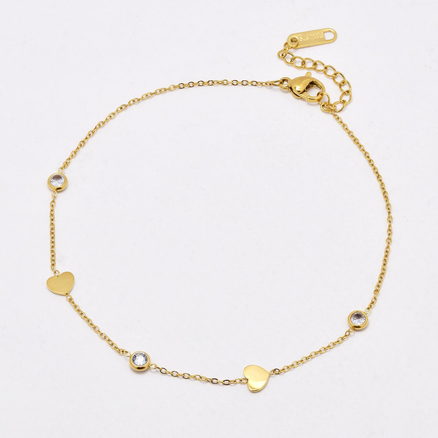 SSYA6748 - St Steel heart and crystal charm anklet