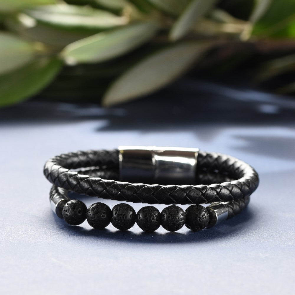 Black Stainless steel lava bead double row men's bracelet - SSYB4151