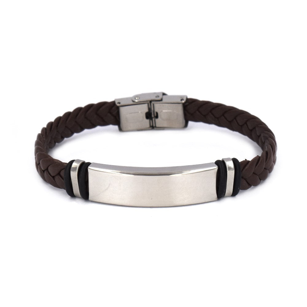 Stainless steel and brown leather weave bracelet