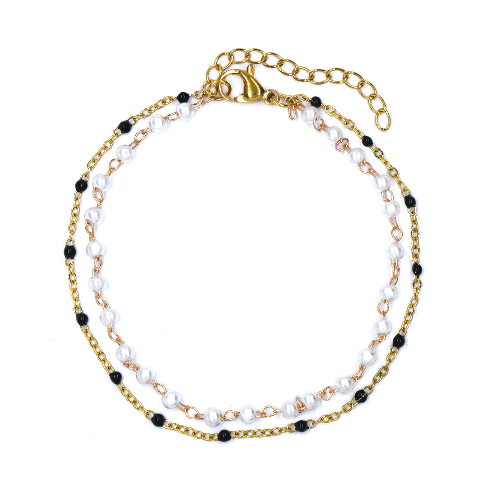 Stainless steel 2 row beaded and pearl bracelet - SSYB4725