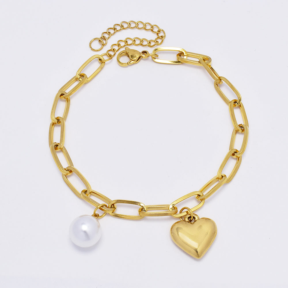 Fashion gold plated heart and pearl charm bracelet - SSYB4951