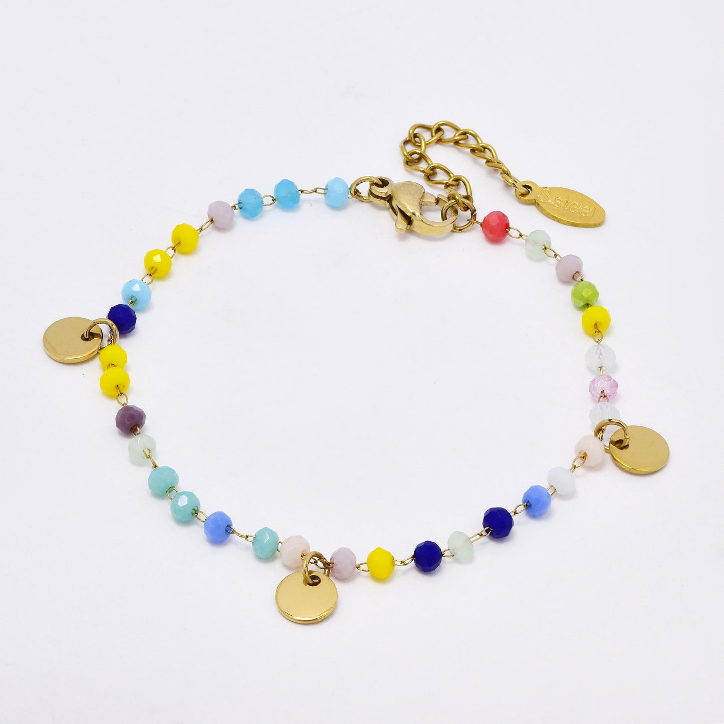 Stainless steel 15+3cm faceted colour bead and disk bracelet - SSYB5324