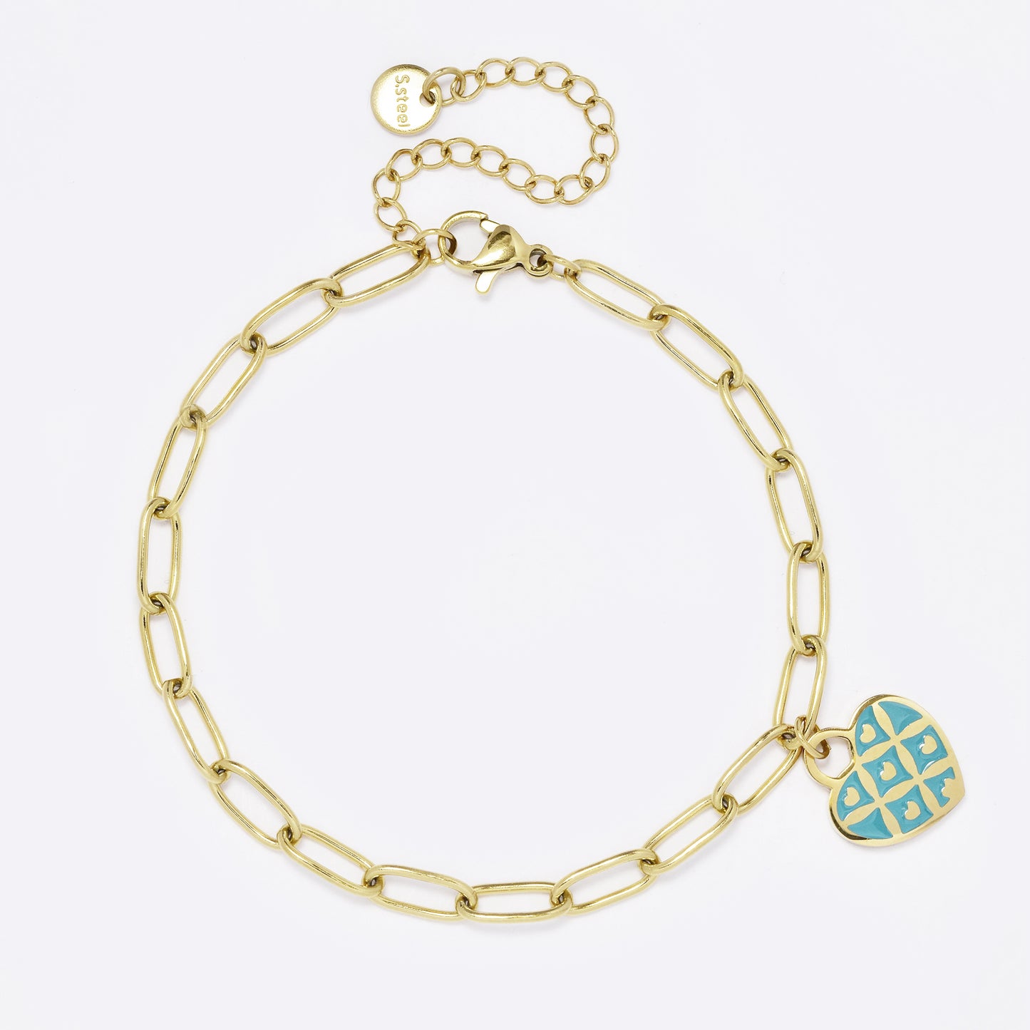 Turquoise and gold heart charm paperclip link bracelet - SSYB5559
