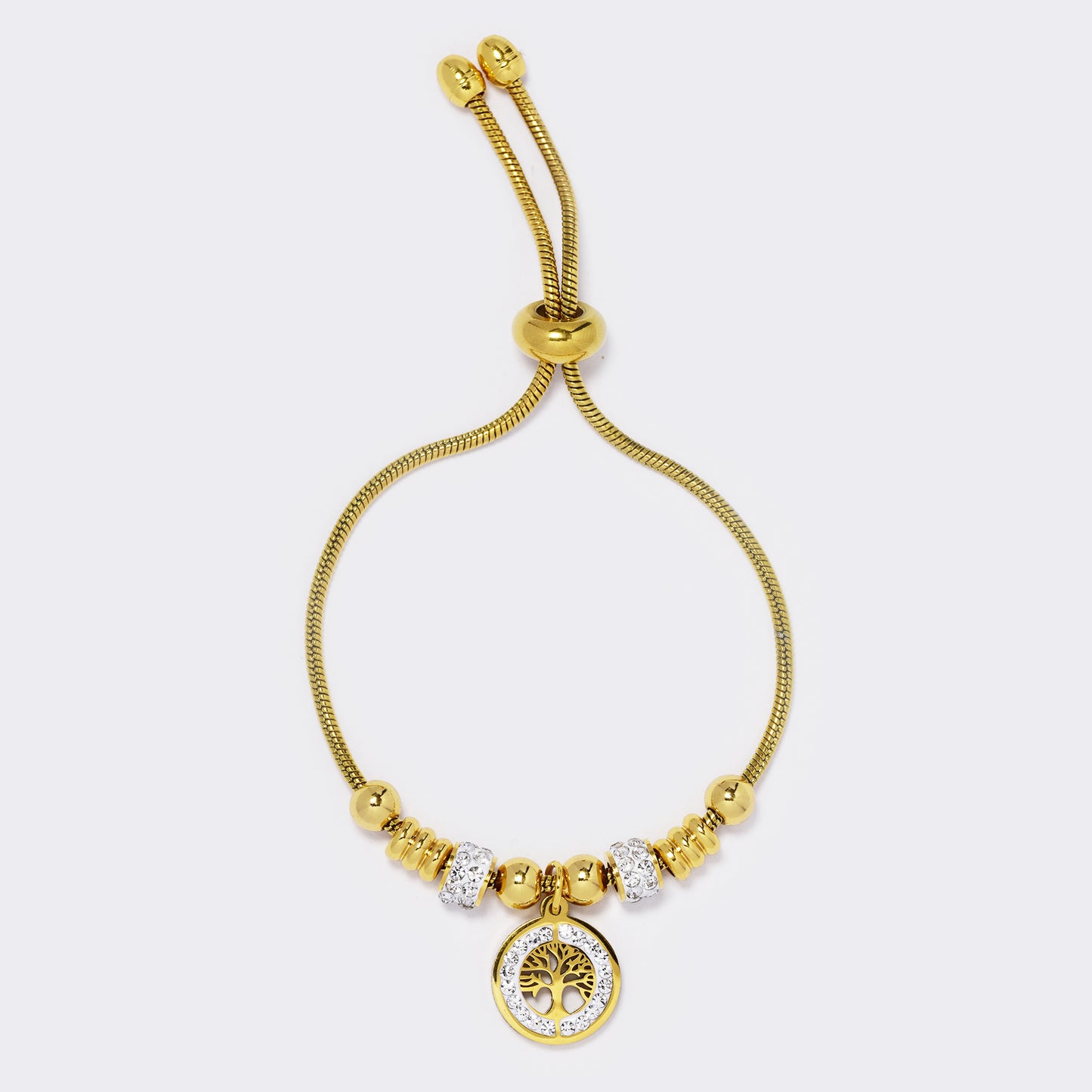 Stainless steel gold pull through bracelet with cutout tree of life crystal charm and gold beads - SSYB5636