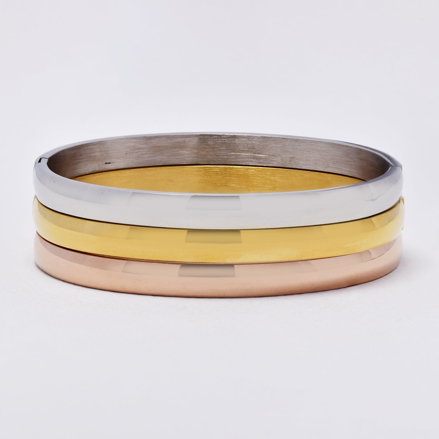 SSYB6272 - St Steel 65mm x 55mm x 6mm 3 piece tri-colour hinged bangle set