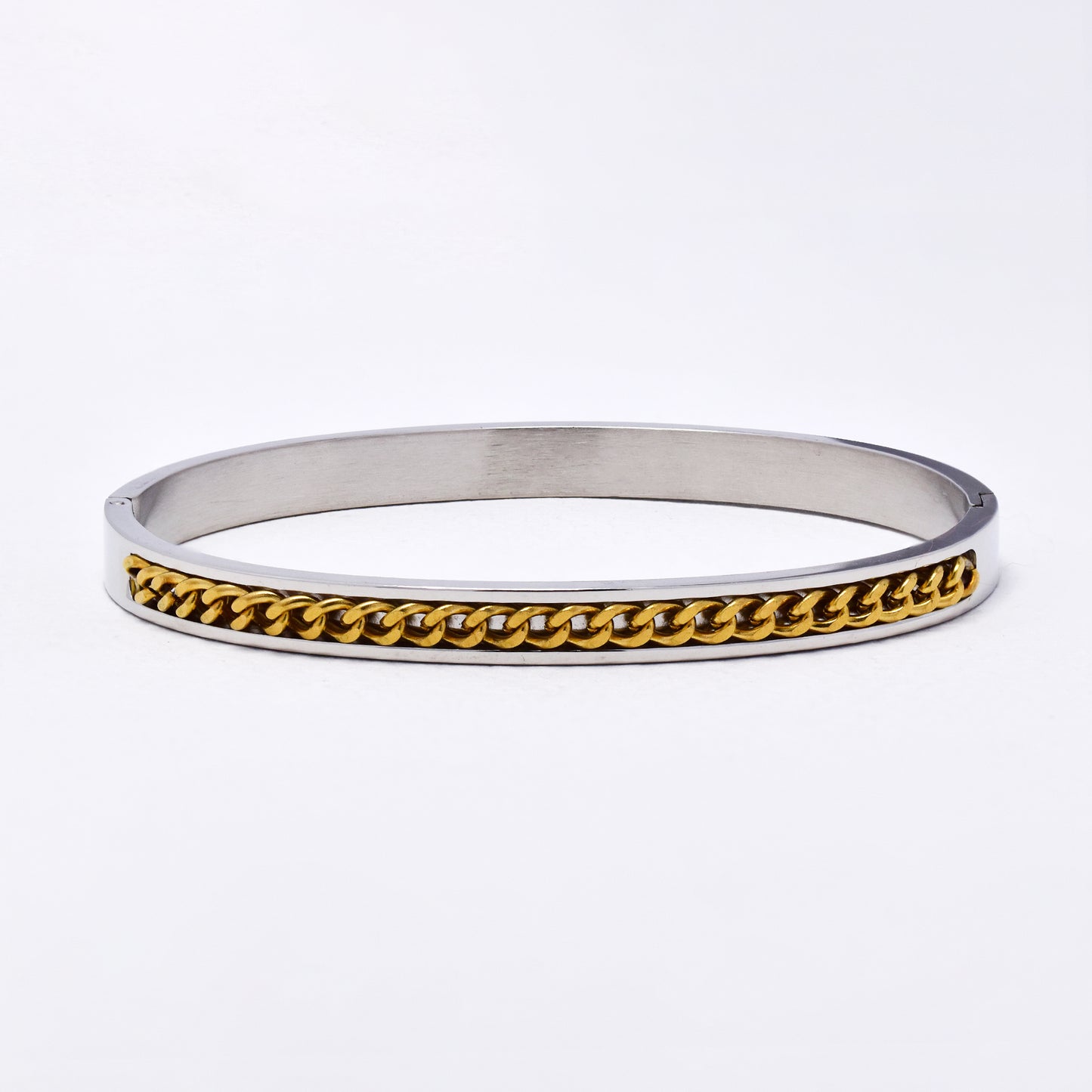 SSYB6287-SG - St Steel 69mm x 57mm x 6mm hinged bangle with chain detail