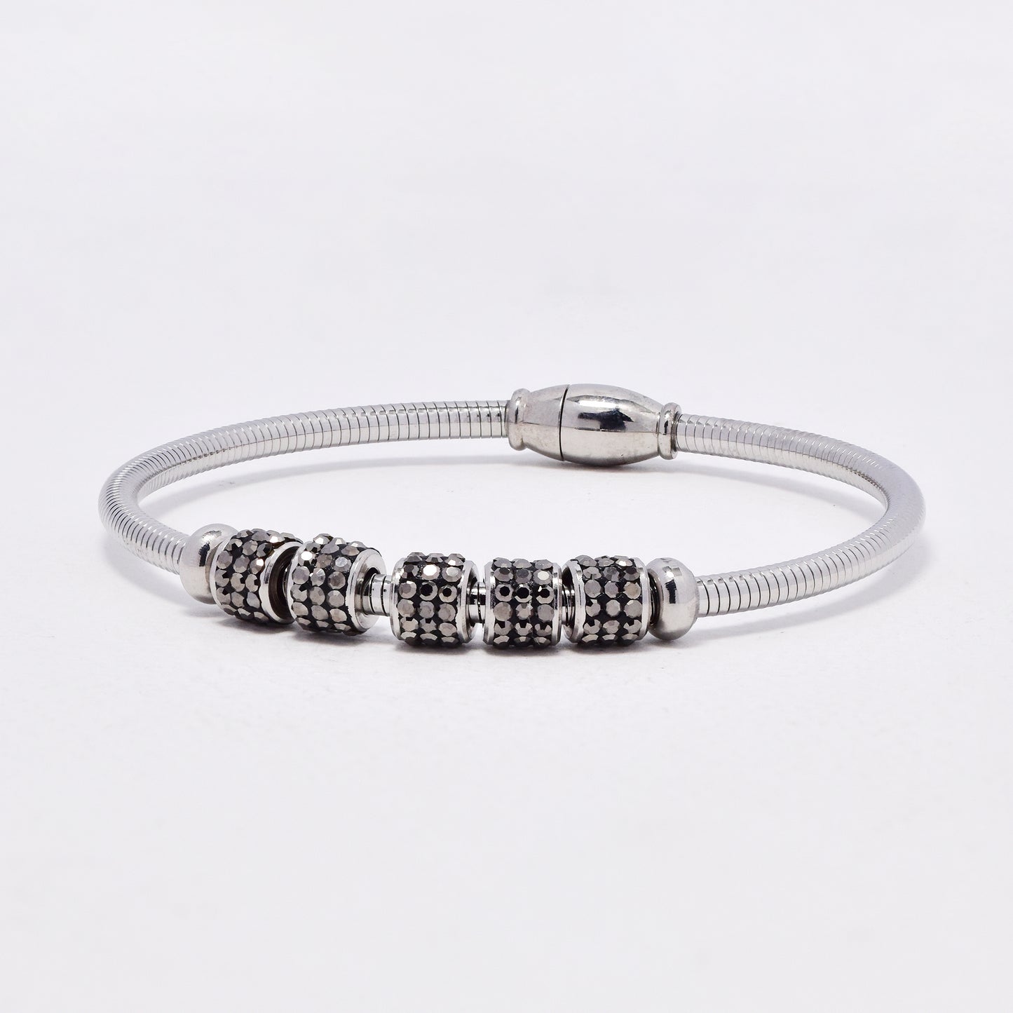 SSYB6437 - St Steel 56mm x 7mm black cluster bead bracelet