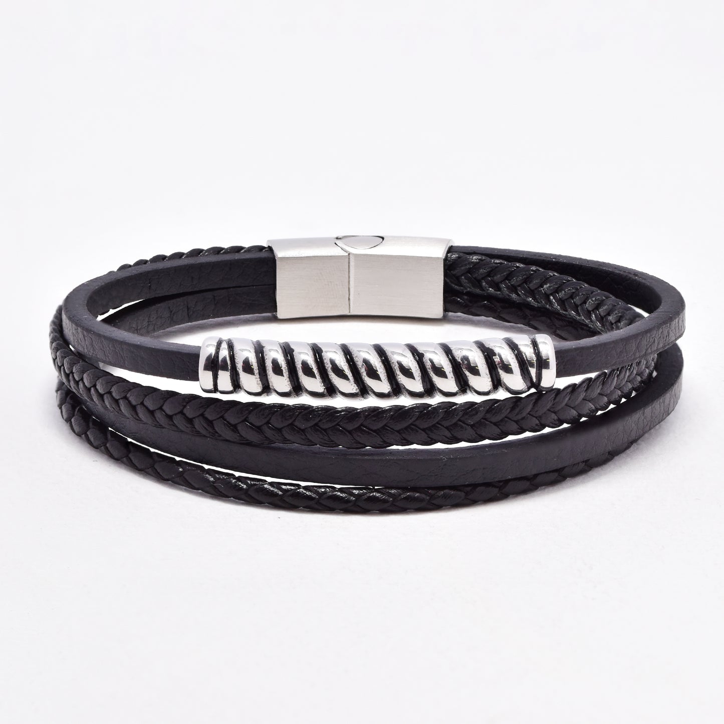 SSYB6484 - St Steel 21cm multi strand leather bracelet