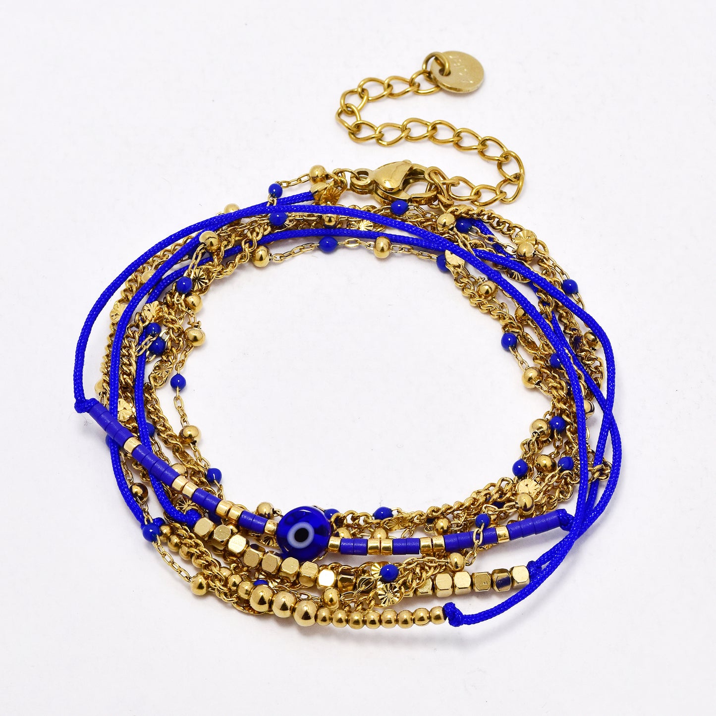 SSYB6531 - St Steel 49cm + 5cm evil eye beaded wrap bracelet