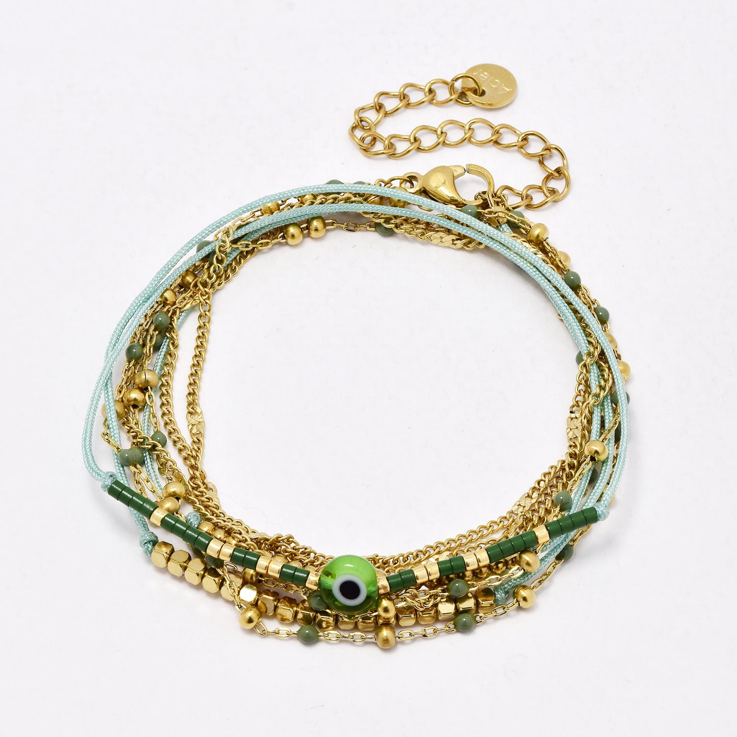 SSYB6531 - St Steel 49cm + 5cm evil eye beaded wrap bracelet