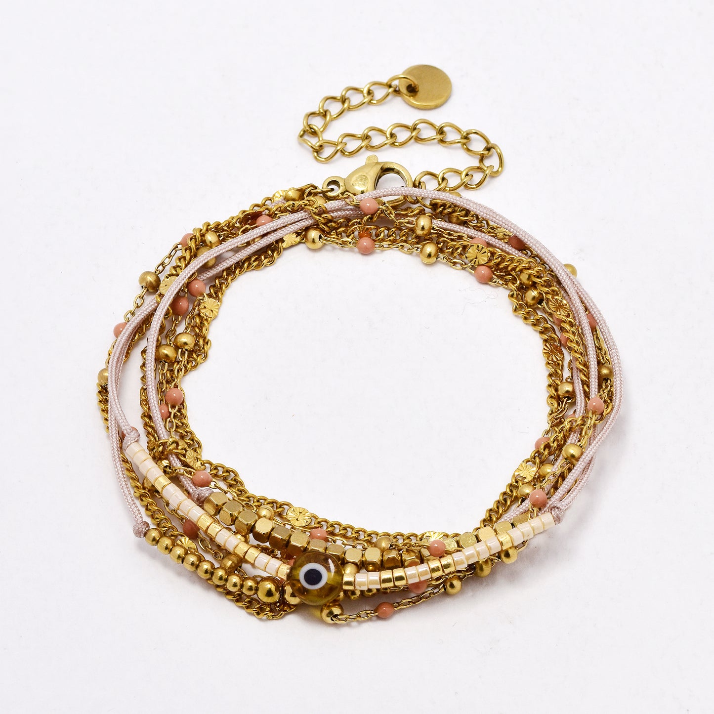 SSYB6531 - St Steel 49cm + 5cm evil eye beaded wrap bracelet