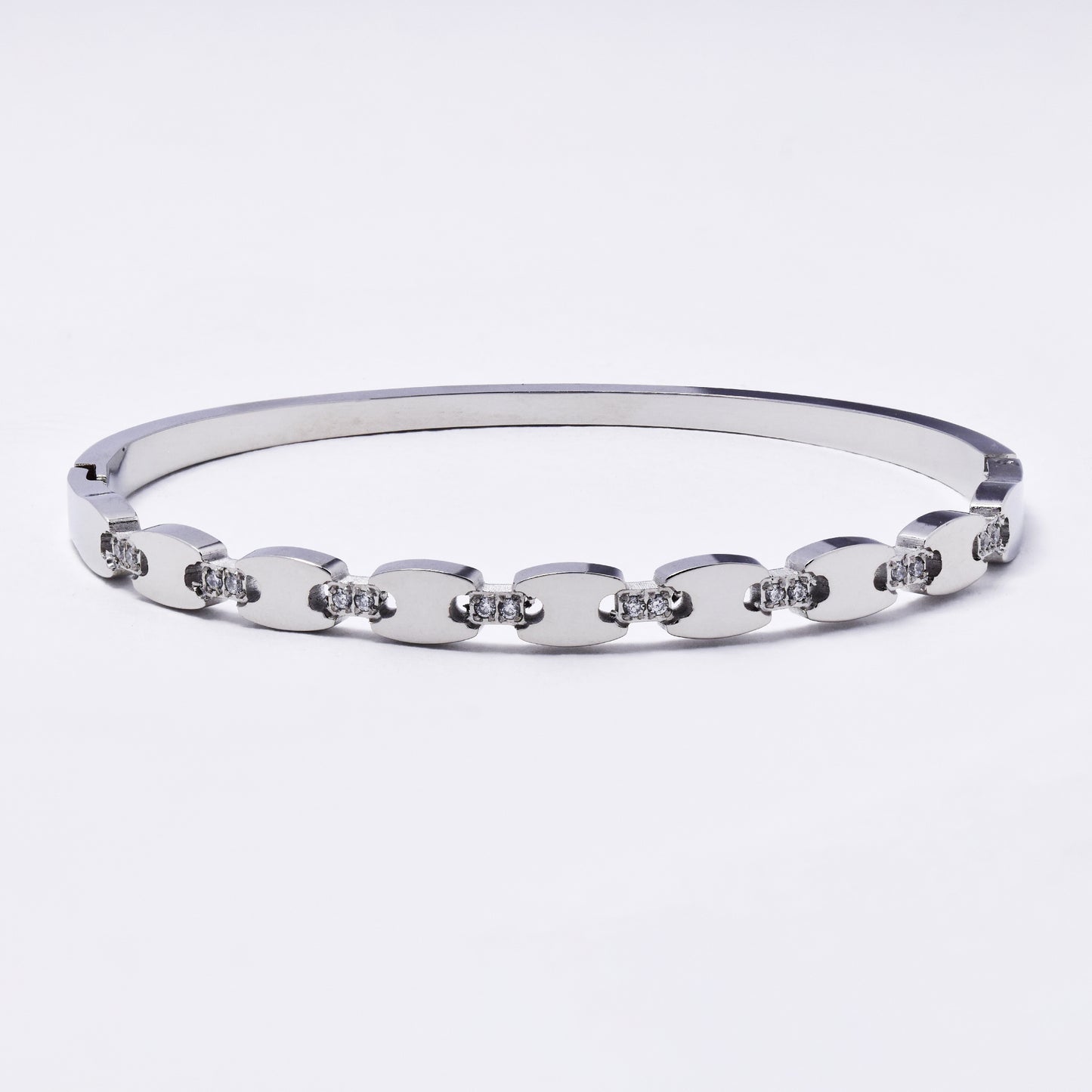 SSYB6788 - Steel 59mm x 51mm x 5mm coffee bean CZ oval hinged bangle