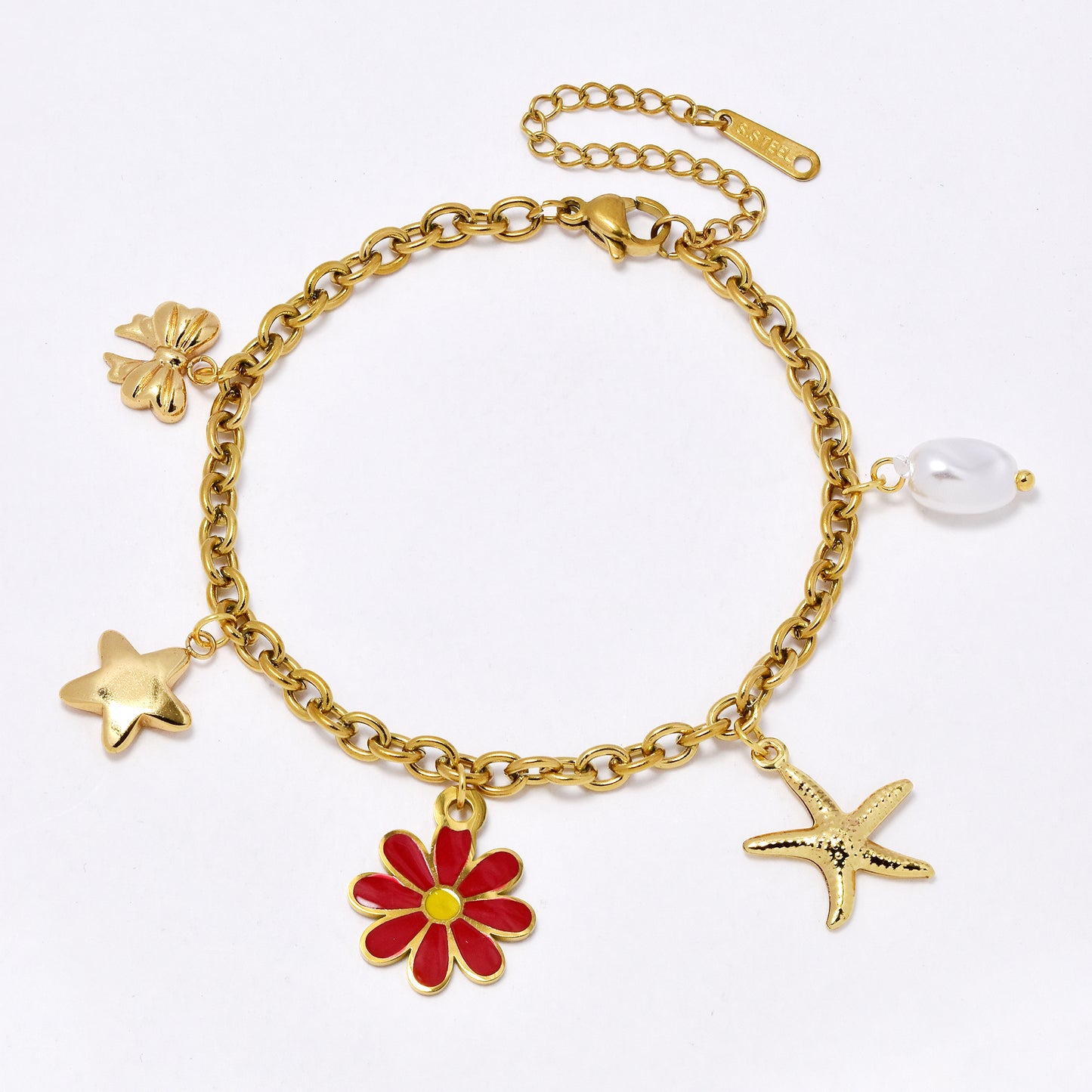 SSYB6835 - Steel 17cm + 5cm enamel flower & charm bracelet