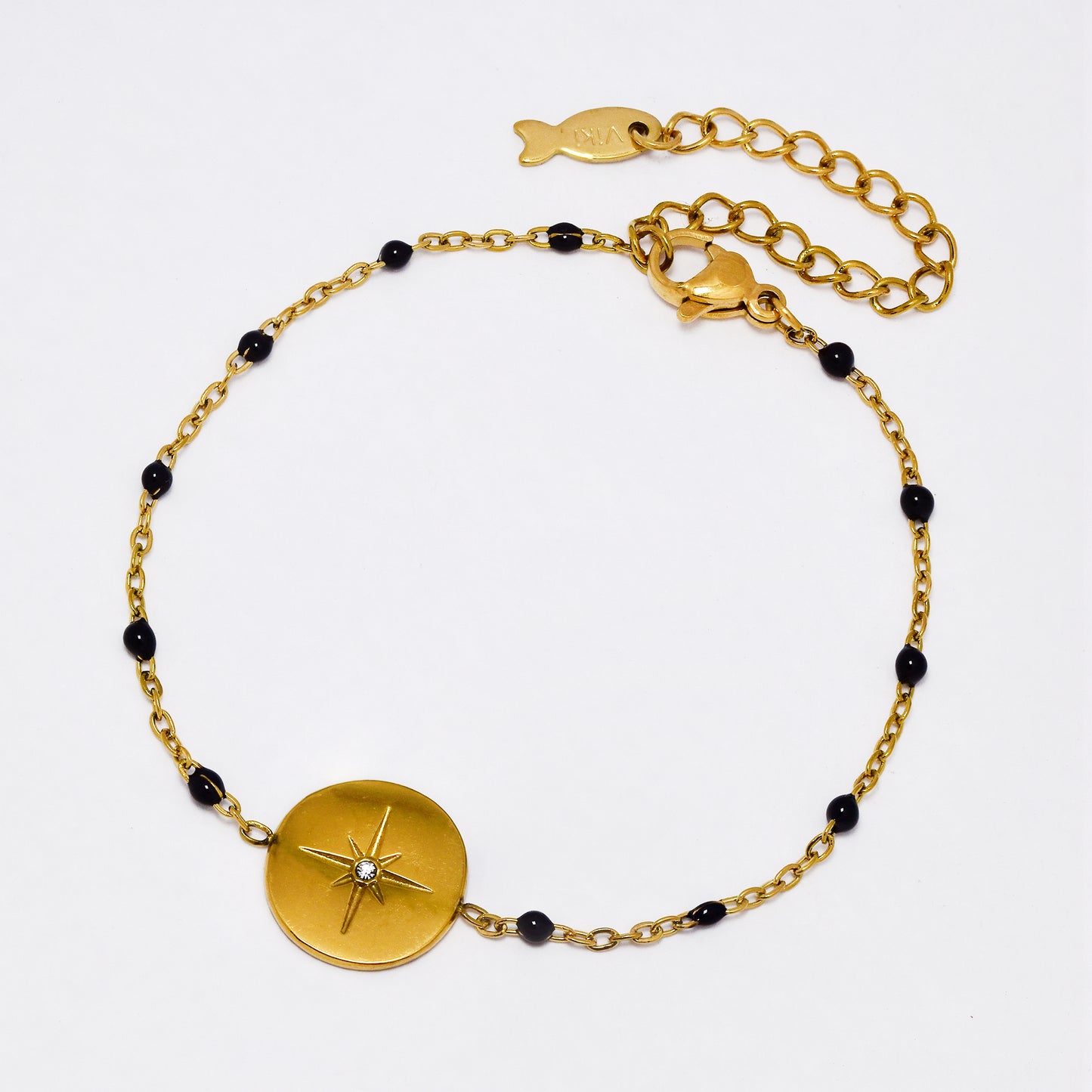 SSYB6931 - Steel 17cm + 5cm enamel bead bracelet with CZ star disk