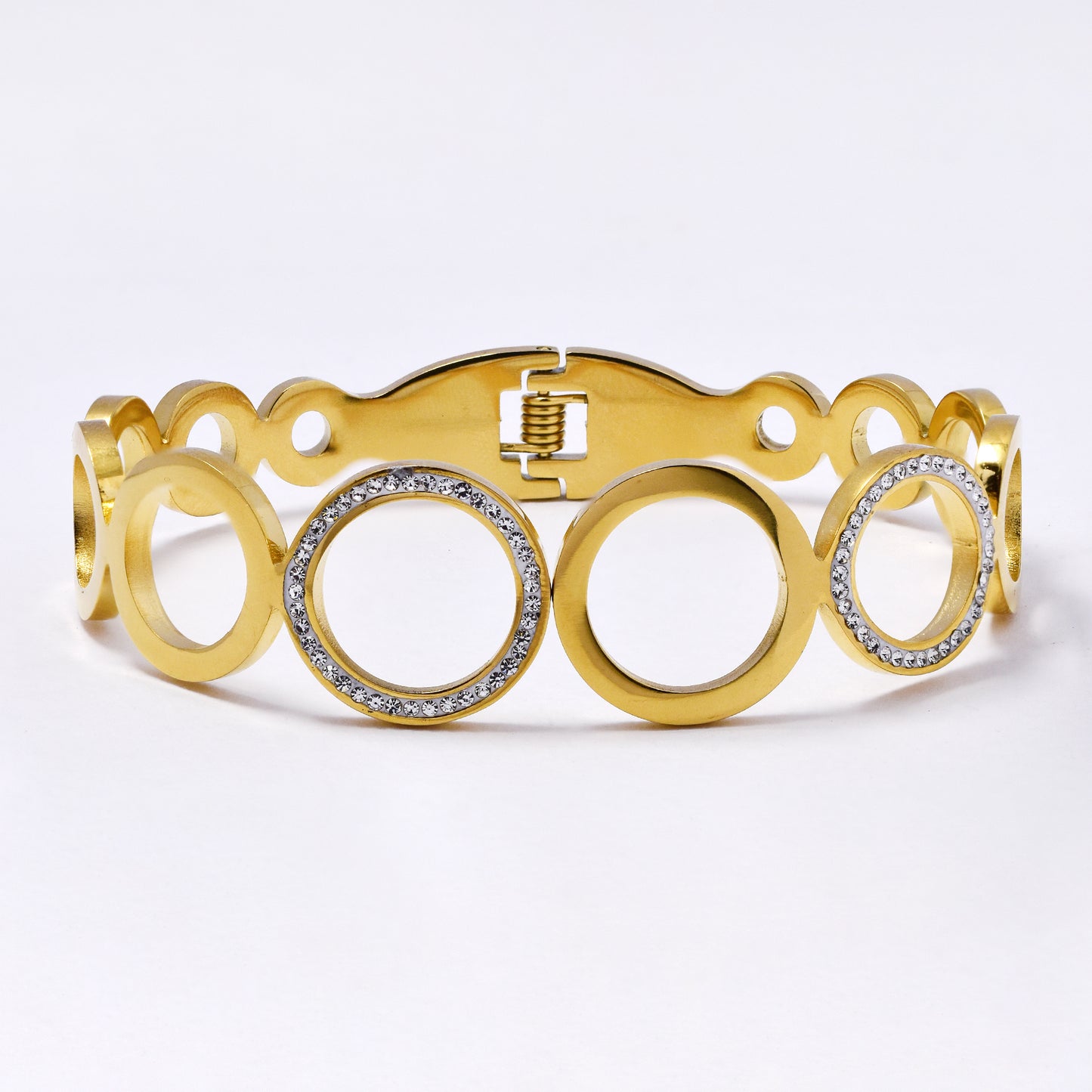SSYB6990 - Steel 61mm x 46mm x 18mm circle cutout CZ bangle with magnetic front closure