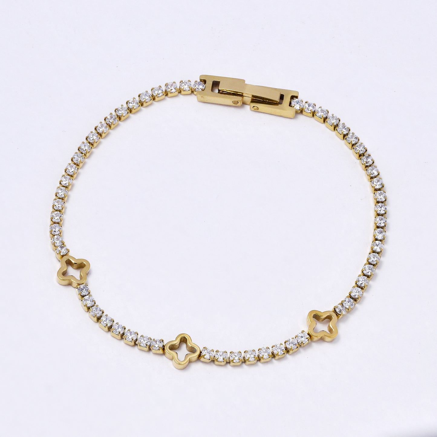 SSYB6991 - Steel 17.5cm x 2mm four-leaf clover CZ tennis bracelet