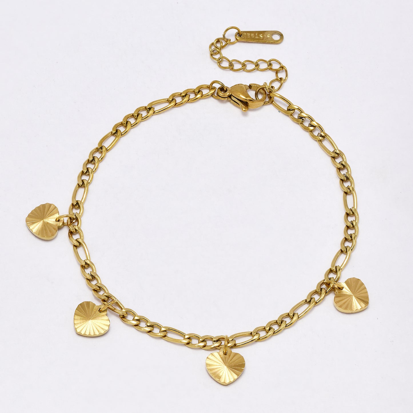 SSYB7181 - Steel 17.5cm + 3cm x 3mm sunray heart charm figaro bracelet