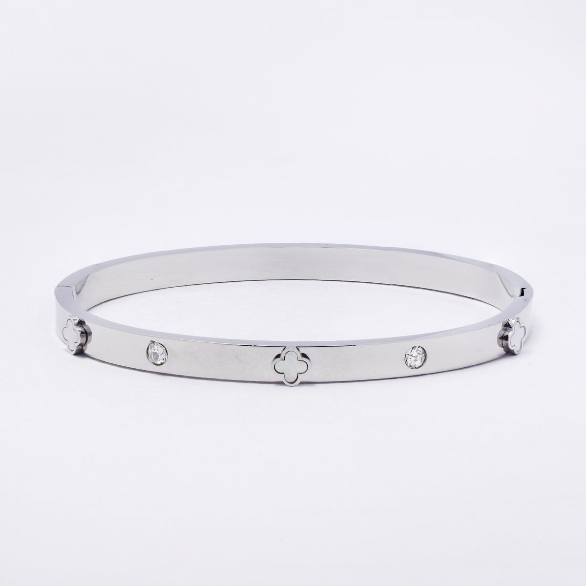 SSYB7245 - Steel 61mm x 50mm x 5mm CZ and clover hinged bangle
