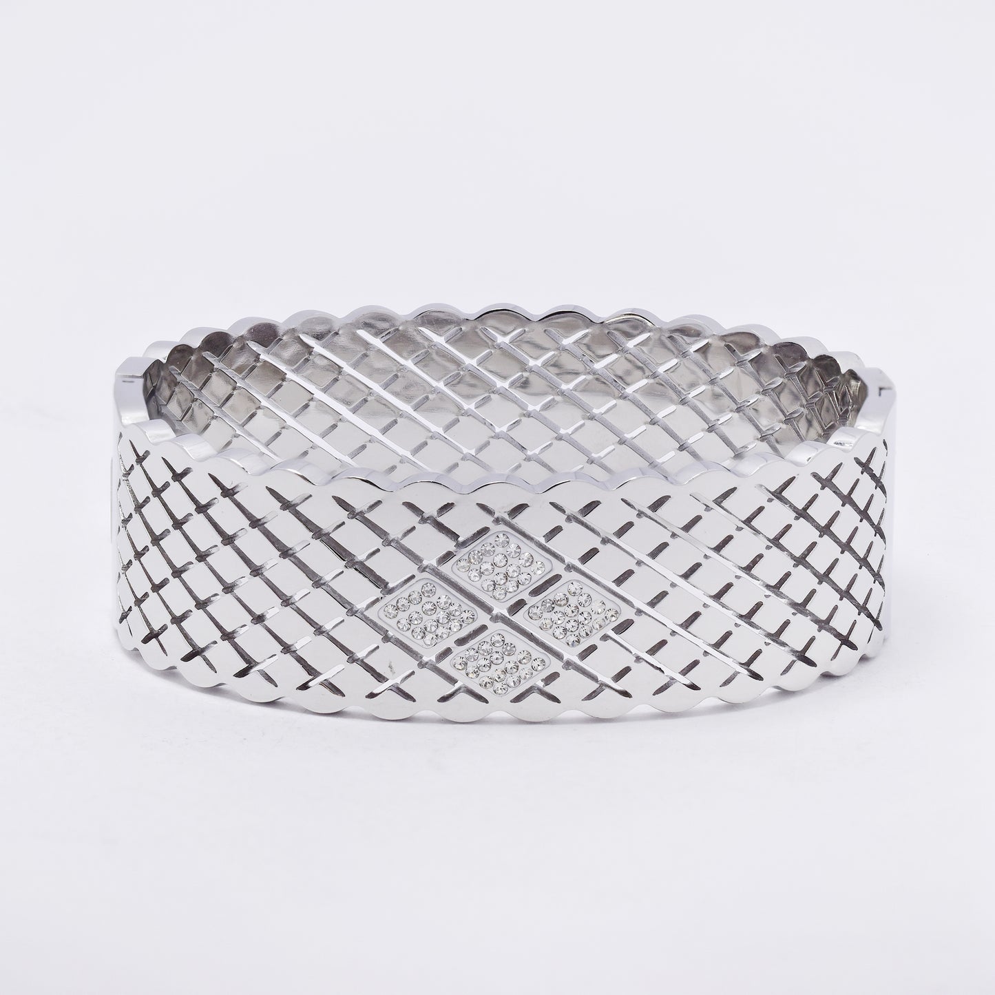 SSYB7266 - Steel 59mm x 51mm x 20mm CZ latiice hinged bangle
