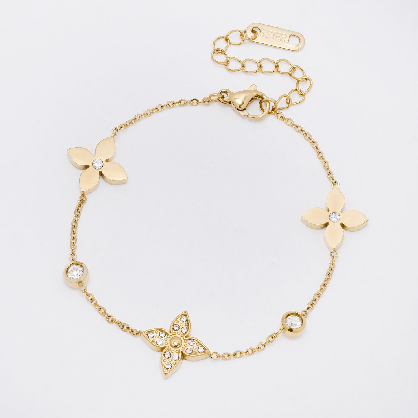 SSYB7279 - Steel 16cm + 4cm CZ flower bracelet