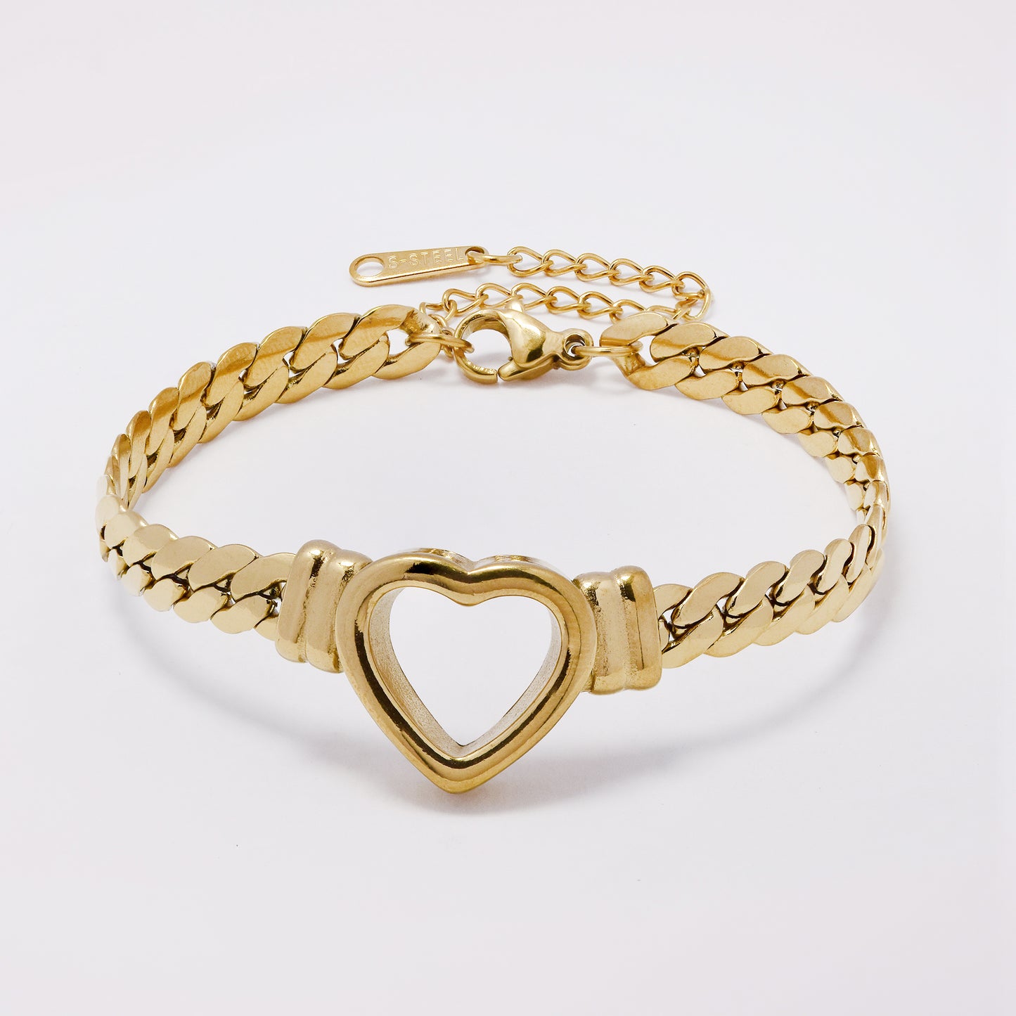 SSYB7374 - Steel 16cm + 5cm tight curb bracelet with open heart