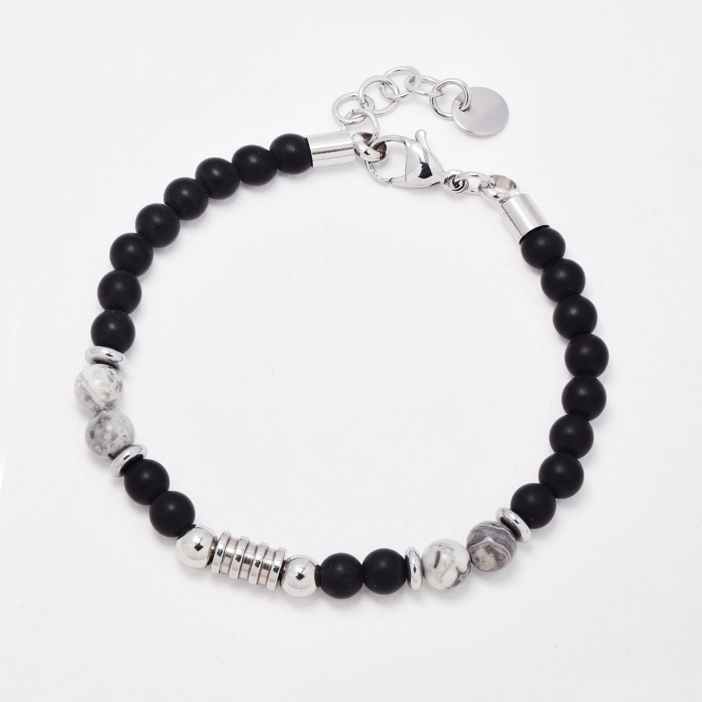 SSYB7773 - Steel 21cm + 2.5cm x 7mm natural stone beaded bracelet