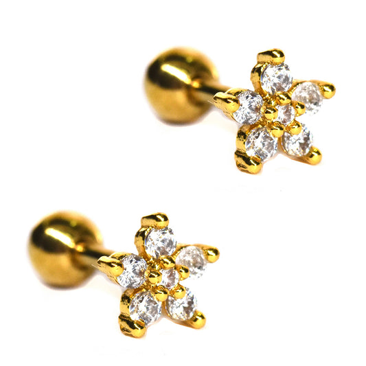2 Piece Stainless steel gold plated cubic zirconia flower cartilage piercing