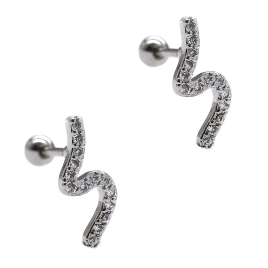 2 Pack Stainless steel S curved cartilage stud piercing set with cubic zirconia