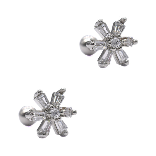 2 Pack Stainless steel 6 petal flower cartilage piercing set with cubic zirconia