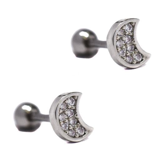 2 Pack Stainless steel moon cartilage piercing set with cubic zirconia