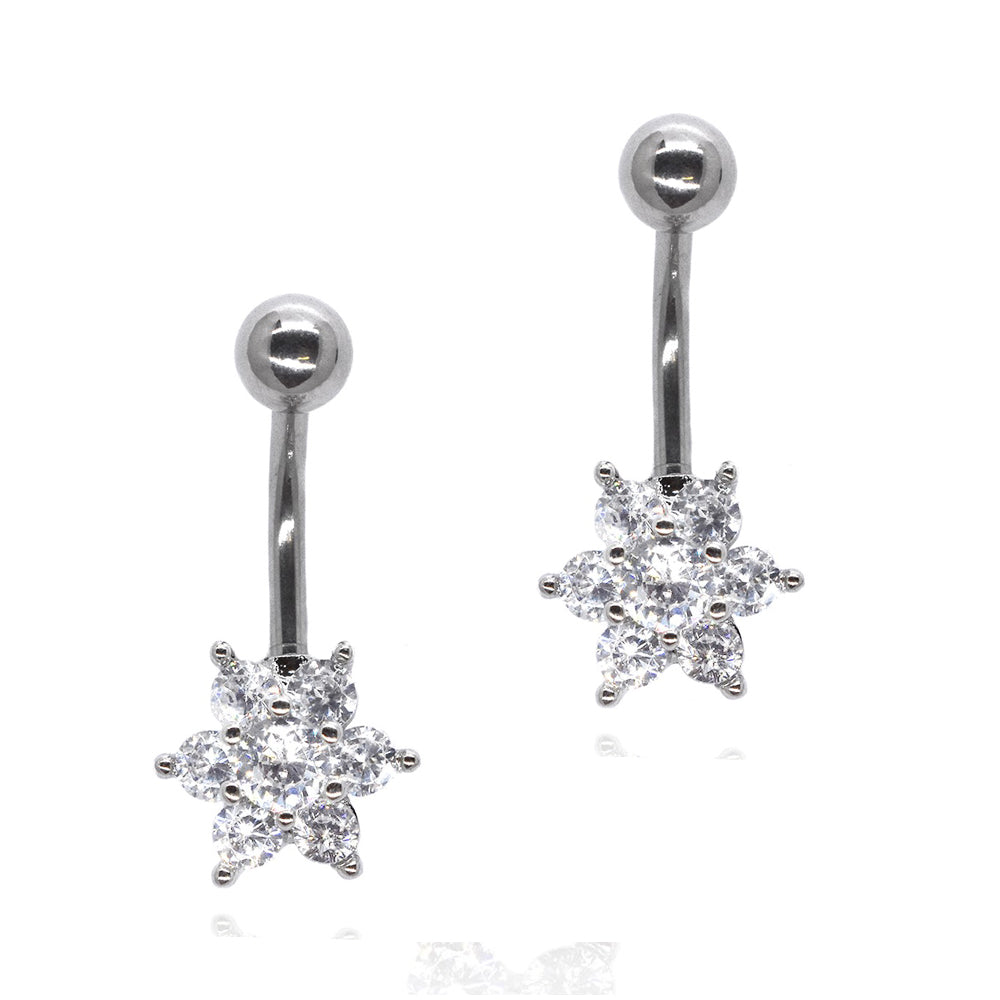 2 Pack Stainless steel flower with cubic zirconia belly ring - SSYBJ2276
