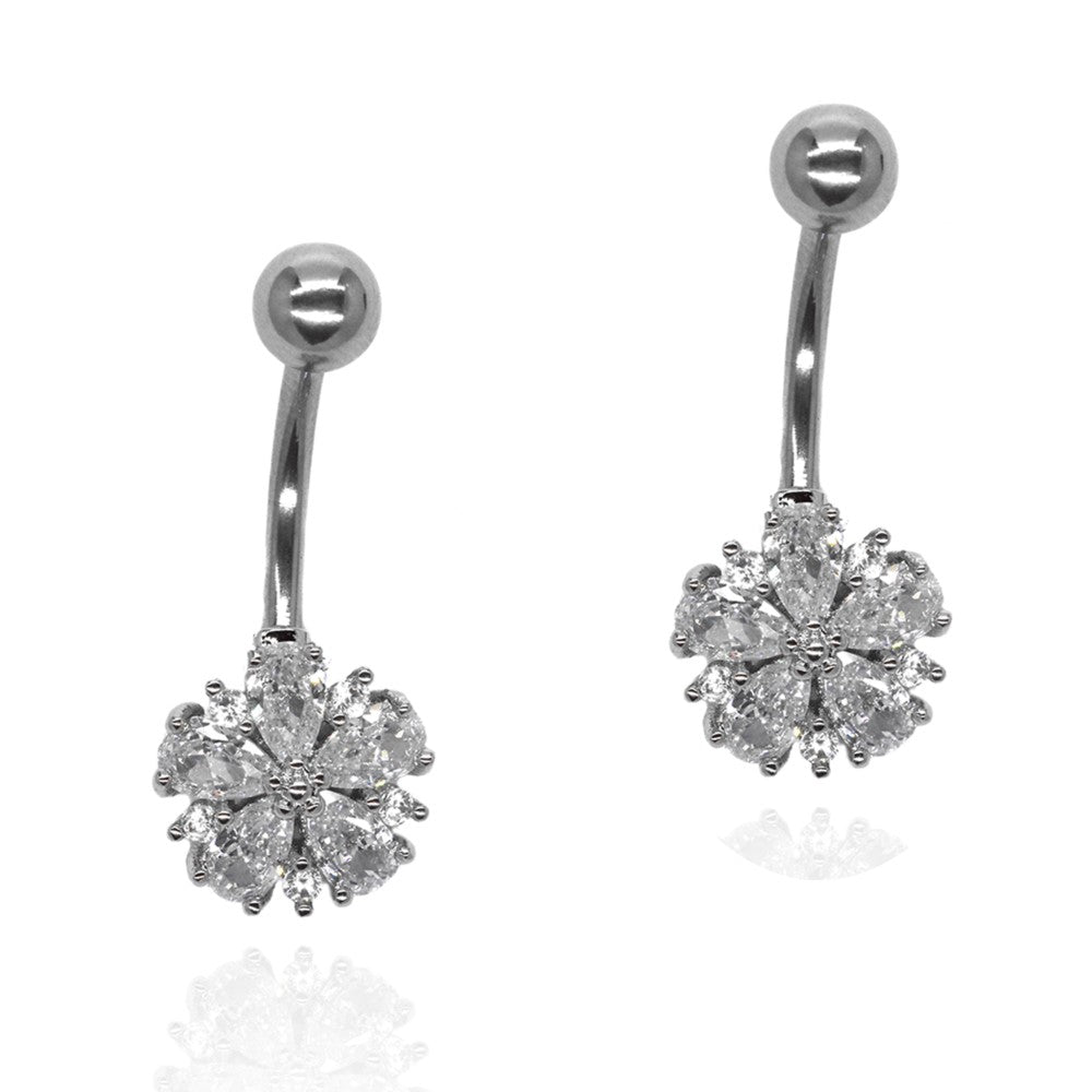 Stainless steel flower cubic zirconia belly ring - SSYBJ2288