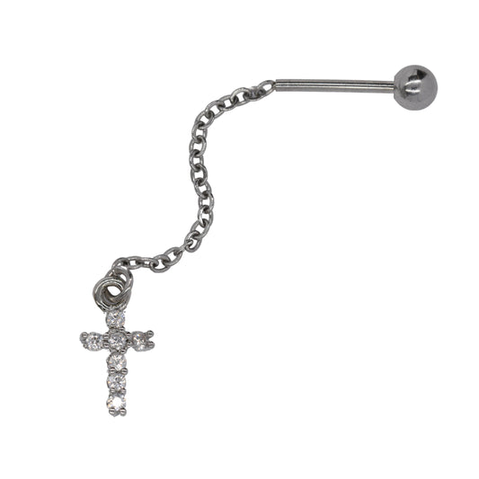 Stainless steel cartilage chain with cubic zirconia cross