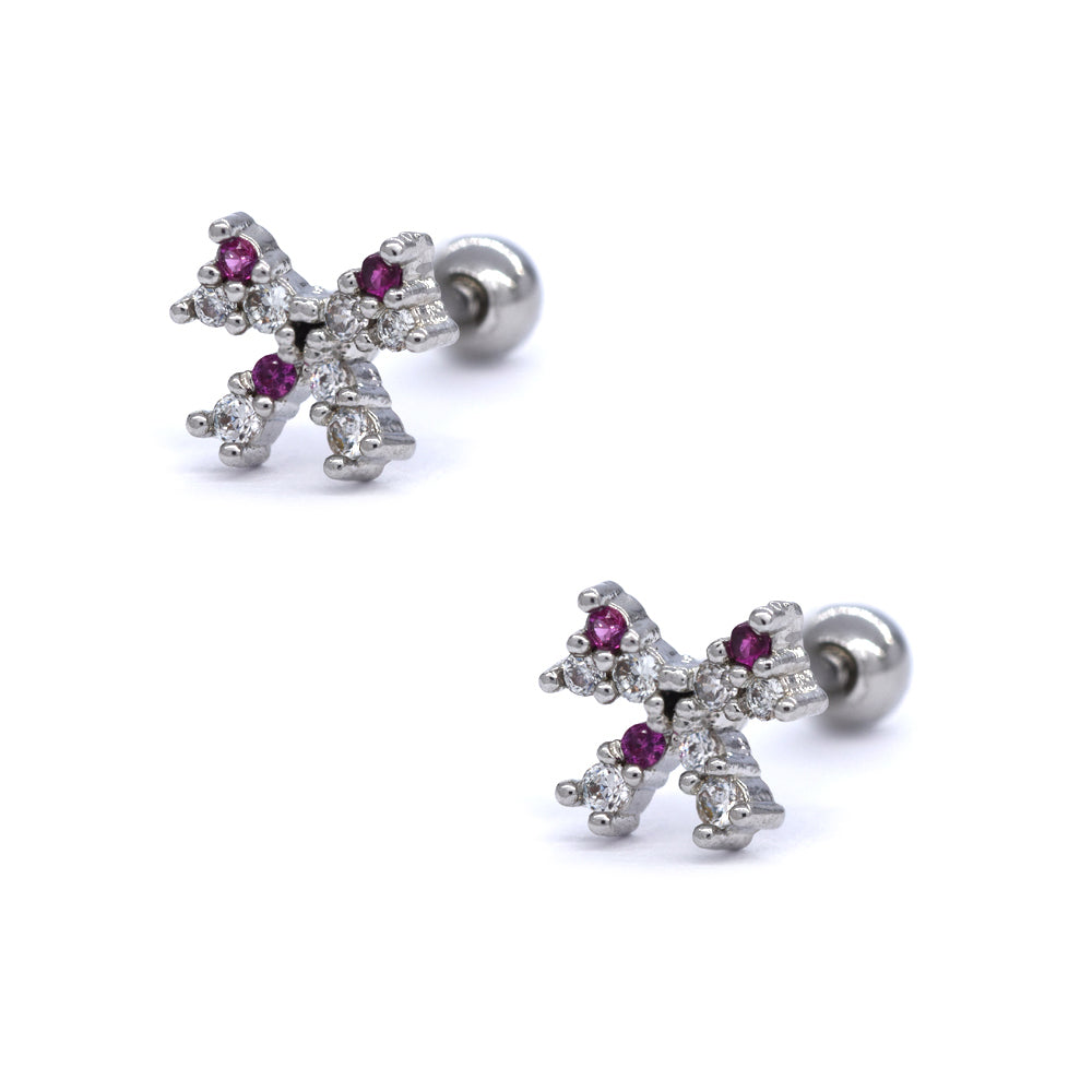 2 Pack Stainless steel Clear and pink bow ear piercing - SSYBJ4057