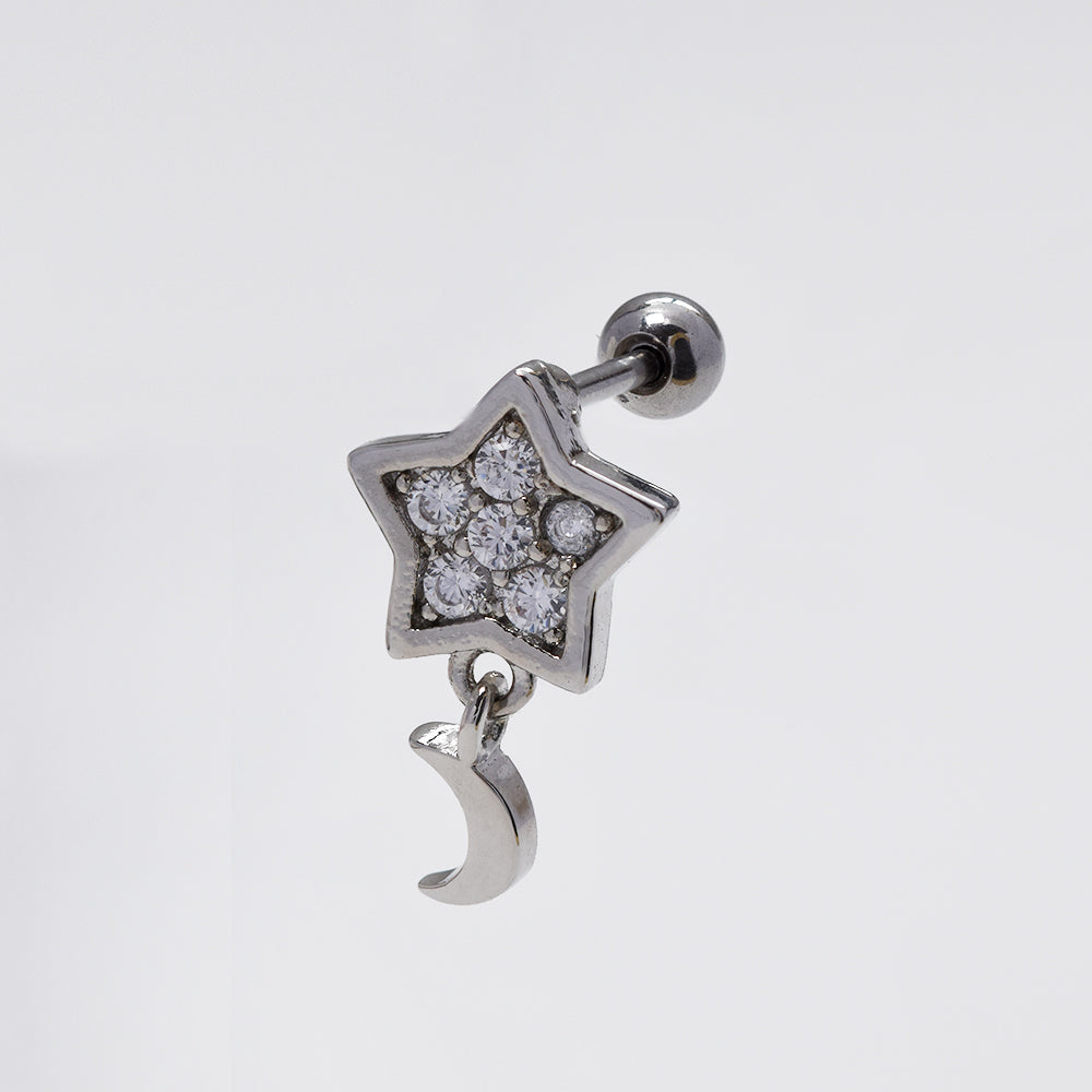 Stainless steel cubic zirconia silver star and moon drop piercing - SSYBJ4812