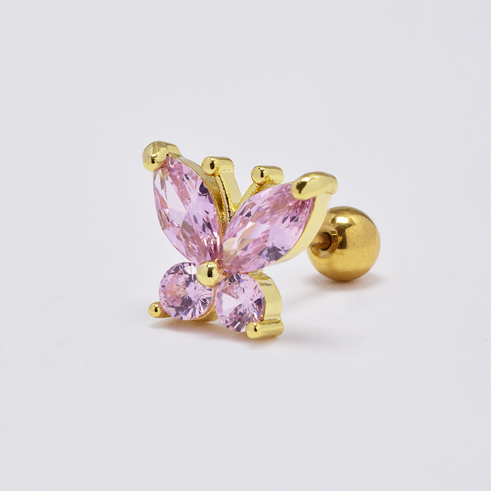 Stainless steel pink cubic zirconia butterfly piercing with ball closure - SSYBJ4853