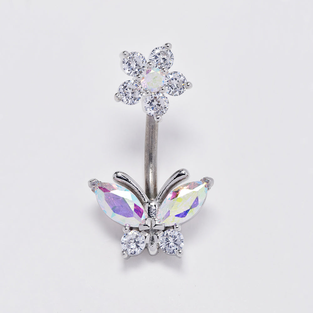 Stainless steel cubic zirconia flower and butterfly belly ring - SSYBJ4856