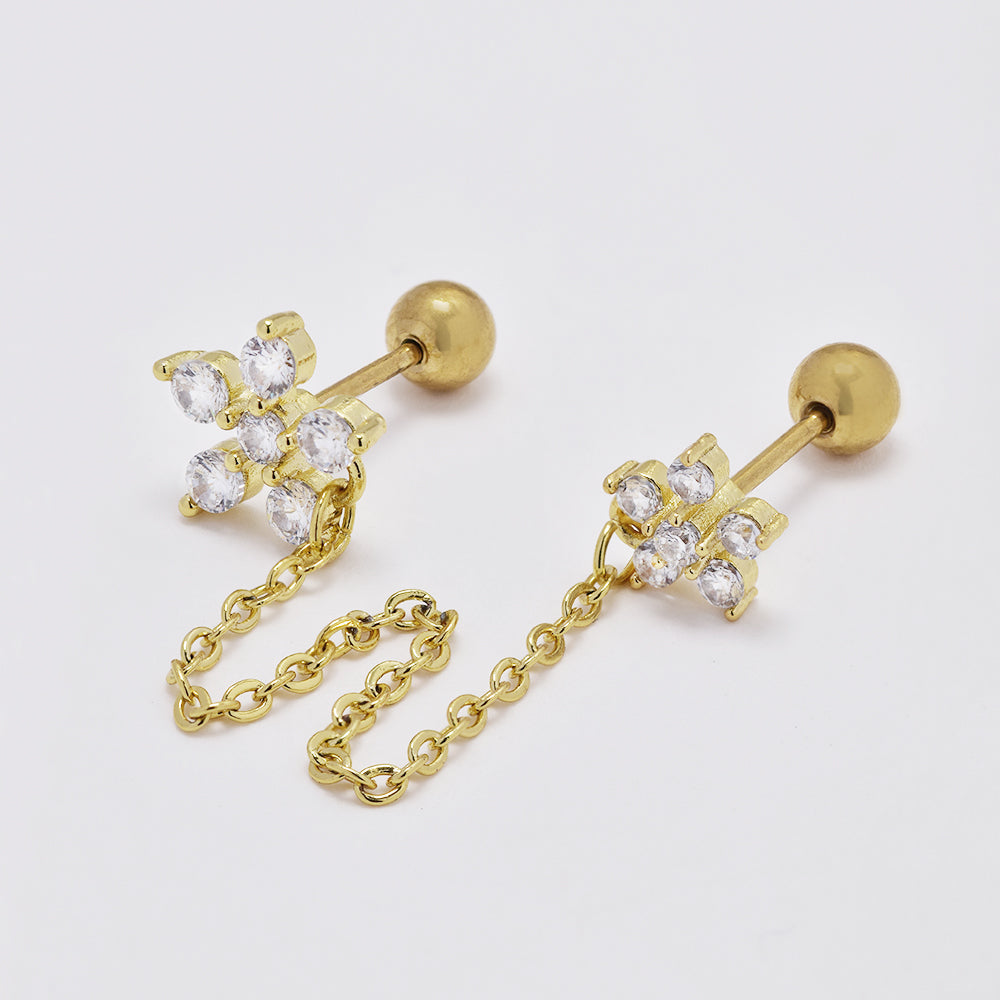 Stainless steel cubic zirconia chained double flower ear piercing with ball closure - SSYBJ4864
