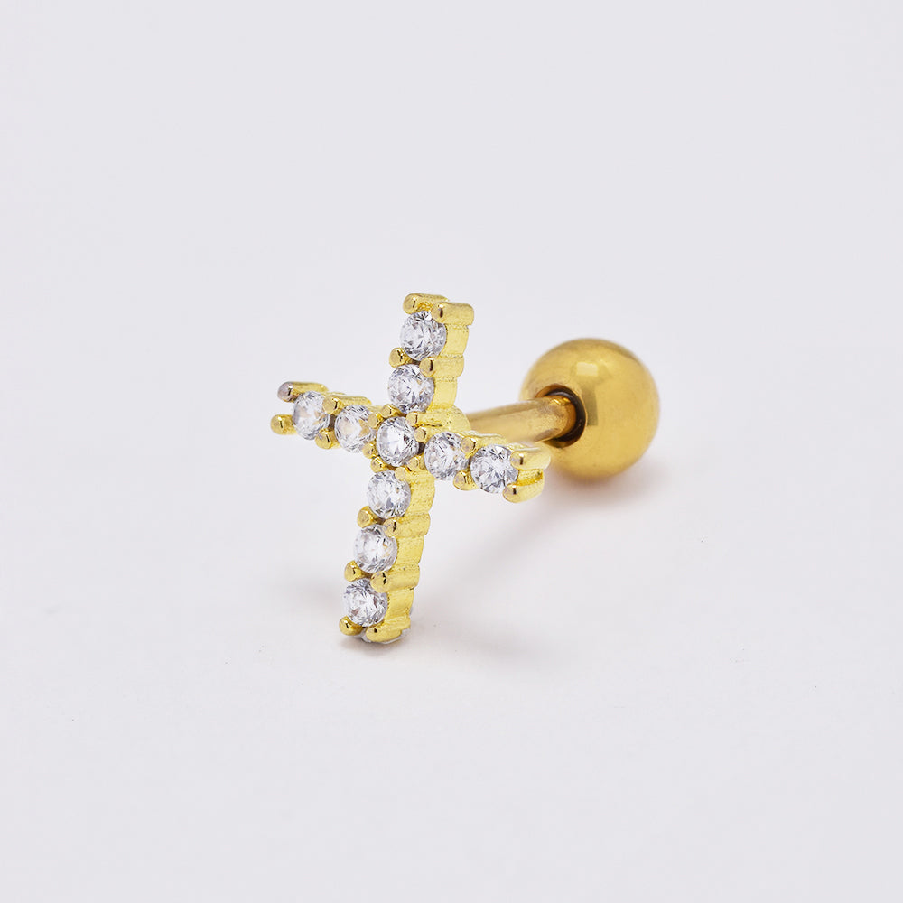 Stainless steel cubic zirconia cross cartilage piercing with ball closure - SSYBJ4865